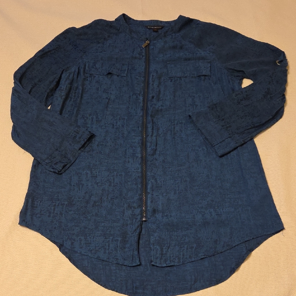 Rock & Republic Zip Up Textured Tunic Top Shirt Womens XL Blue Roll up Sleeves